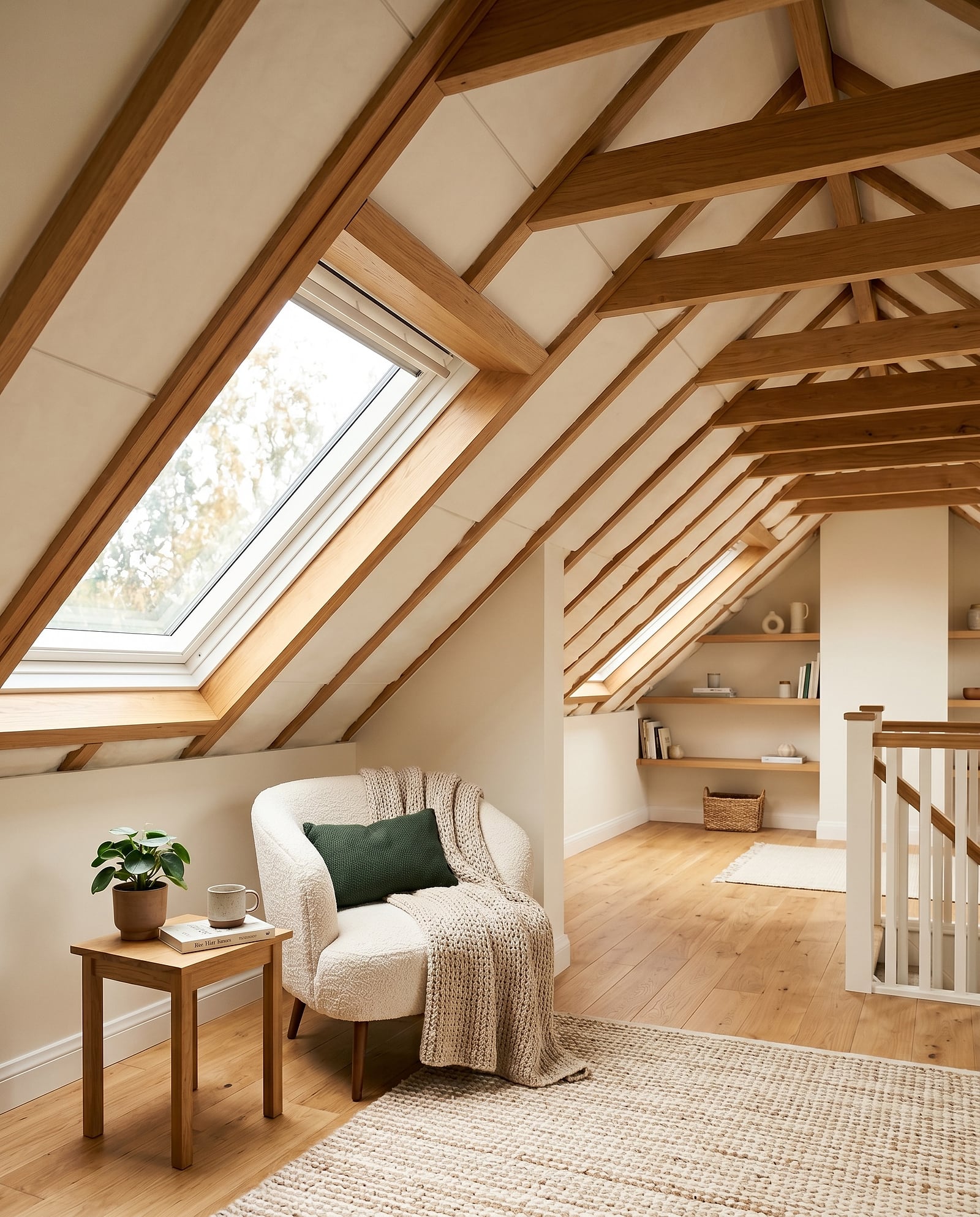 Bright converted loft room with exposed timber rafters, insulation behind the finished walls and a reading chair under the skylight