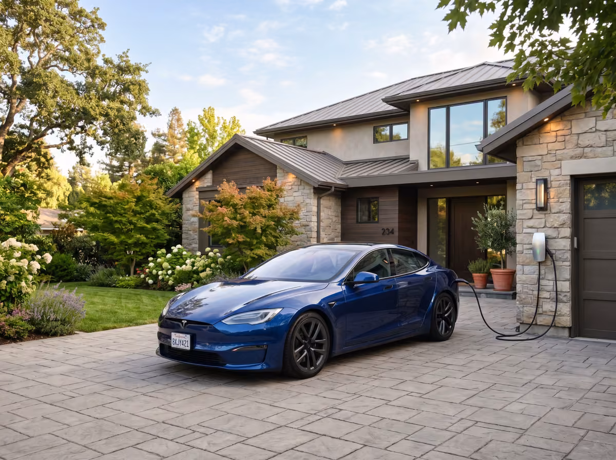 Electric car charging on a home driveway